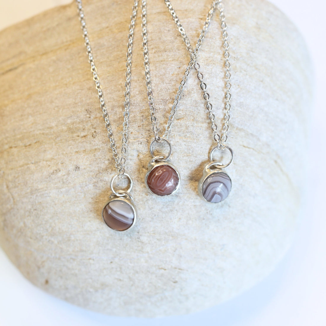 Button Gemstone Charm Necklace - Botswana Agate - Chocolate and Steel