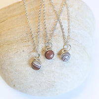 Button Gemstone Charm Necklace - Botswana Agate - Chocolate and Steel