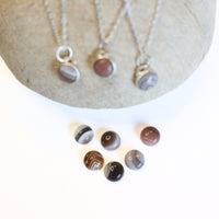 Button Gemstone Charm Necklace - Botswana Agate - Chocolate and Steel