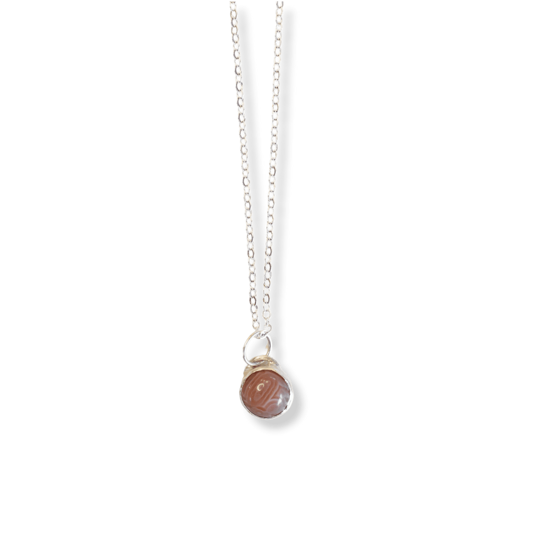 Button Gemstone Charm Necklace - Botswana Agate - Chocolate and Steel