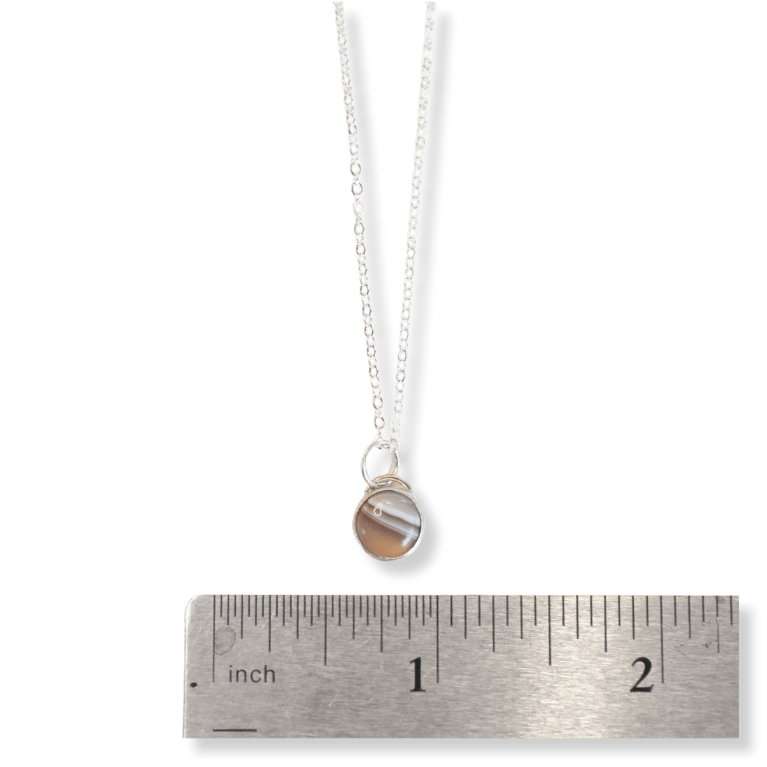 Button Gemstone Charm Necklace - Botswana Agate - Chocolate and Steel