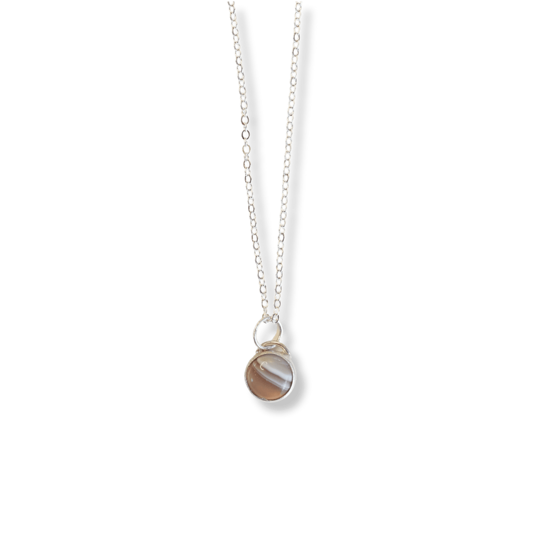 Button Gemstone Charm Necklace - Botswana Agate - Chocolate and Steel