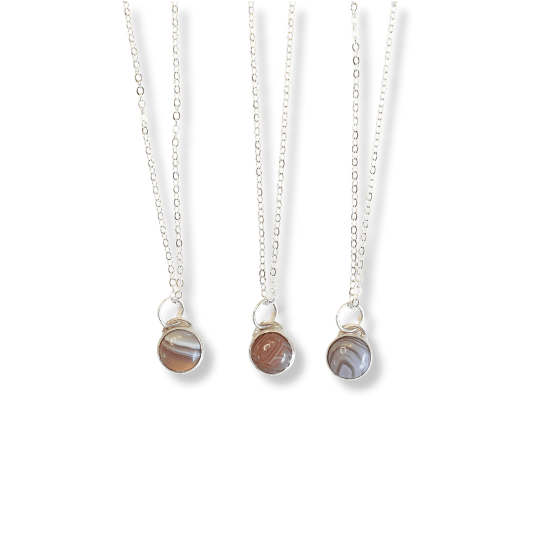 Button Gemstone Charm Necklace - Botswana Agate - Chocolate and Steel