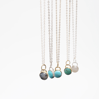 Button Gemstone Charm Necklace - Ocean Color Gemstones - Chocolate and Steel