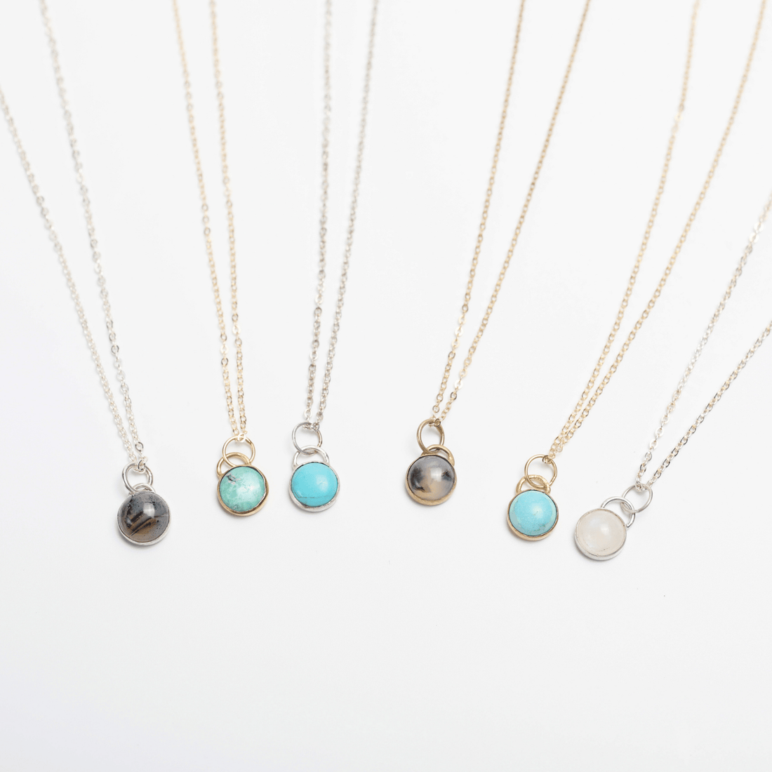 Button Gemstone Charm Necklace - Ocean Color Gemstones - Chocolate and Steel