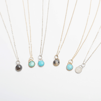 Button Gemstone Charm Necklace - Ocean Color Gemstones - Chocolate and Steel