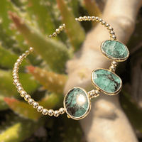 Cliffside Gold Bead Bracelet in Labradorite, Emerald, and Turquoise - Chocolate and Steel