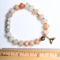 Coastal Heart Stretch Bracelet – Peach Aventurine, Porcelain & Whale Tail Charm - Chocolate and Steel