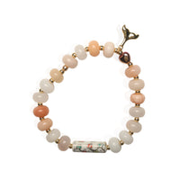 Coastal Heart Stretch Bracelet – Peach Aventurine, Porcelain & Whale Tail Charm - Chocolate and Steel