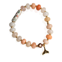 Coastal Heart Stretch Bracelet – Peach Aventurine, Porcelain & Whale Tail Charm - Chocolate and Steel