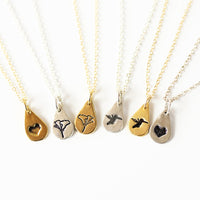 Drop of California Love - hummingbird, california poppy, heart charm necklace - Chocolate and Steel