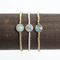Gold Bead Bracelet Gemstone Aquamarine, Moonstone, Labradorite - Seabreeze Bracelet - Chocolate and Steel