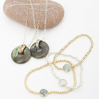 Gold Bead Bracelet Gemstone Aquamarine, Moonstone, Labradorite - Seabreeze Bracelet - Chocolate and Steel