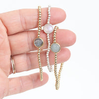 Gold Bead Bracelet Gemstone Aquamarine, Moonstone, Labradorite - Seabreeze Bracelet - Chocolate and Steel