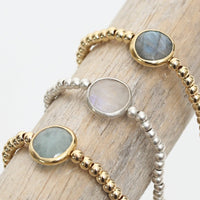Gold Bead Bracelet Gemstone Aquamarine, Moonstone, Labradorite - Seabreeze Bracelet - Chocolate and Steel