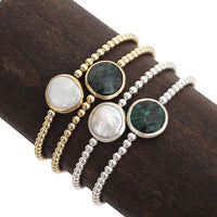 Gold Bead Bracelet with Emerald or Pearl - Seabreeze Bracelet - Chocolate and Steel