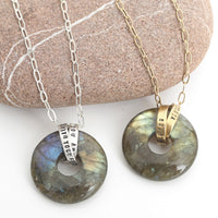 Message Labradorite Gemstone Necklace - Chocolate and Steel