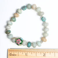 Seafoam Bloom Stretch Bracelet – Amazonite & Vintage Glass Beads - Chocolate and Steel