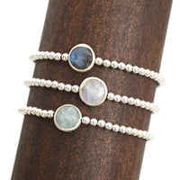 Silver Bead Bracelet Gemstone Aquamarine, Moonstone, Labradorite - Seabreeze Bracelet - Chocolate and Steel