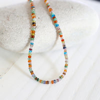Tiny Pebbles Carnelian, Hessonite Garnet Mixed Semi - Precious Stones Necklace - Chocolate and Steel