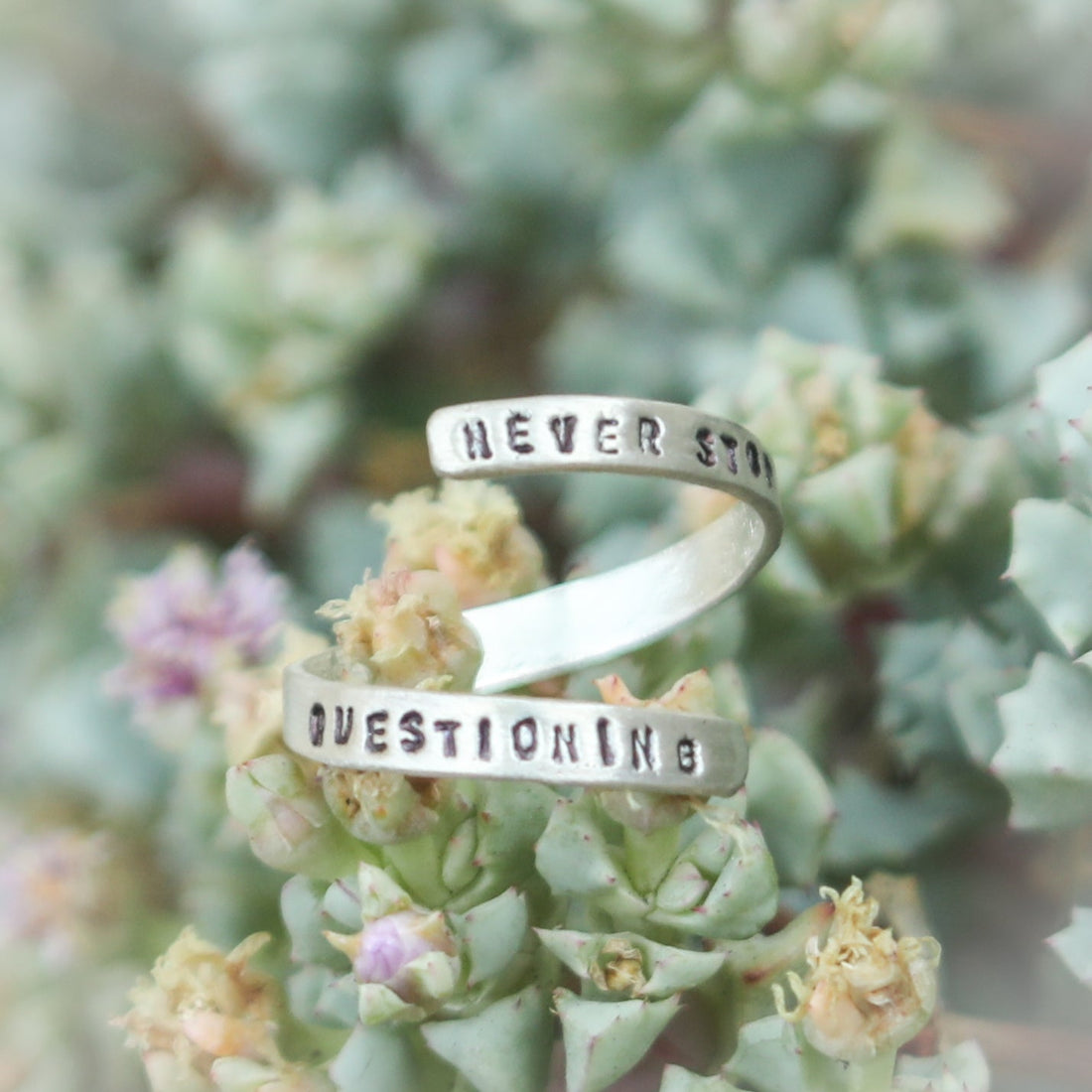 "Never Stop Questioning" - Einstein wrap ring - Chocolate and Steel