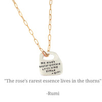 Rumi Rune Quote Necklace "The Rose's Rarest Essence Lives in the Thorns" - Chocolate and Steel