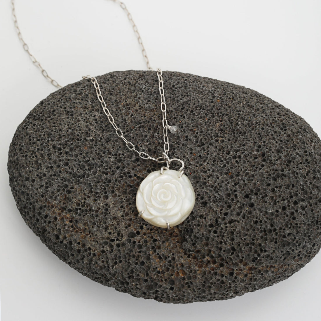 "The White Rose" Carved Mother of Pearl Flower Necklace - Chocolate and Steel
