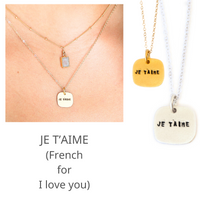 "Je T'aime," french for "I love you" square necklace