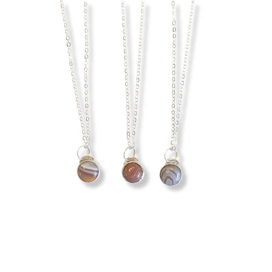 Button Gemstone Charm Necklace - Botswana Agate
