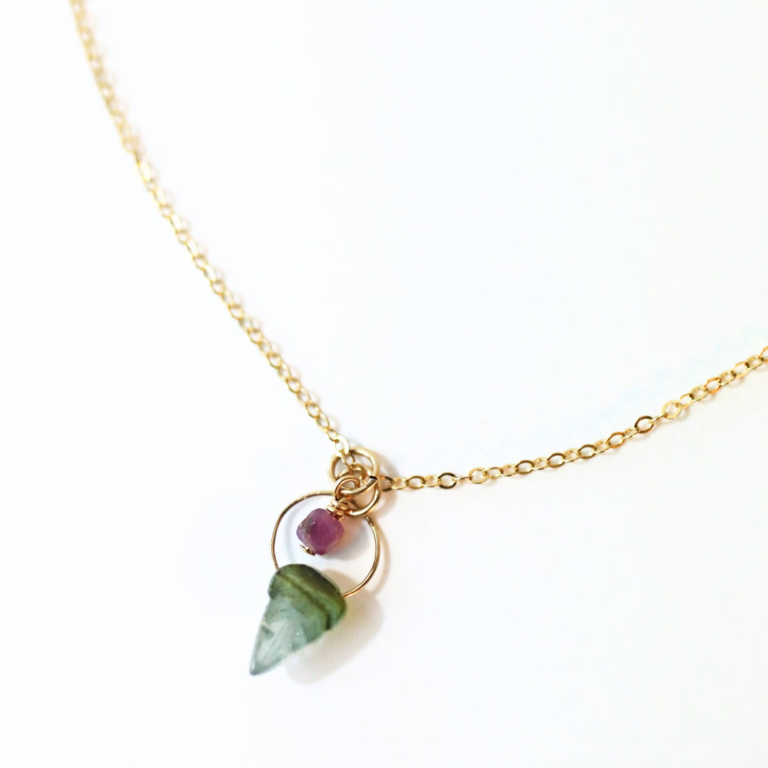 Like a Dream Tourmaline Leaf and Ruby Cube Necklace