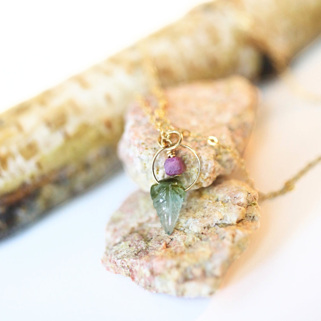 Like a Dream Tourmaline Leaf and Ruby Cube Necklace