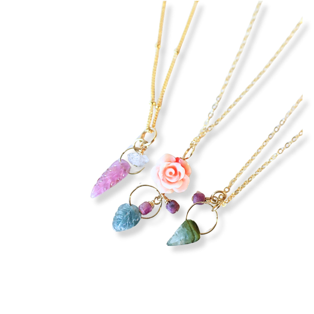 Like a Dream Tourmaline Leaf and Ruby Cube Necklace