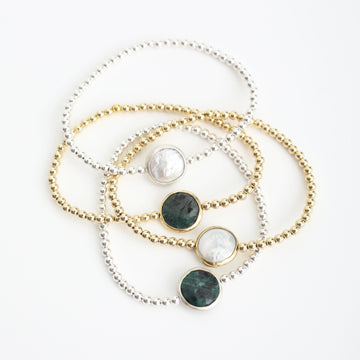 Gold Bead Bracelet with Emerald or Pearl - Seabreeze Bracelet