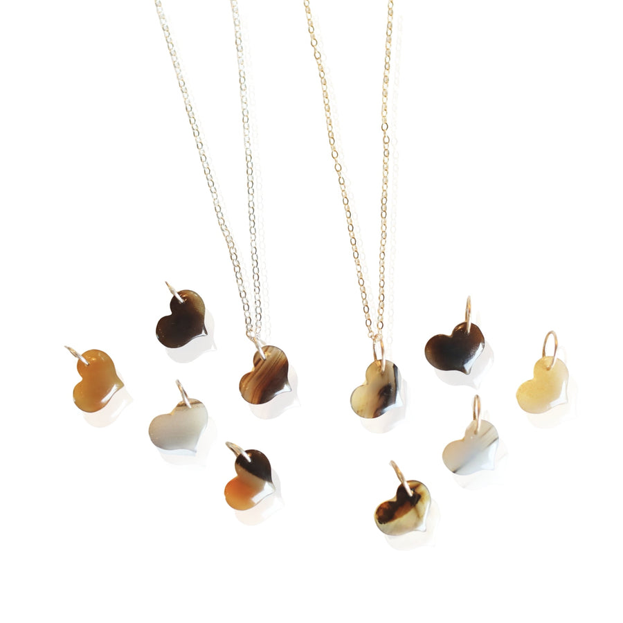 Agate Puffy Heart Charm Necklace - Chocolate and Steel