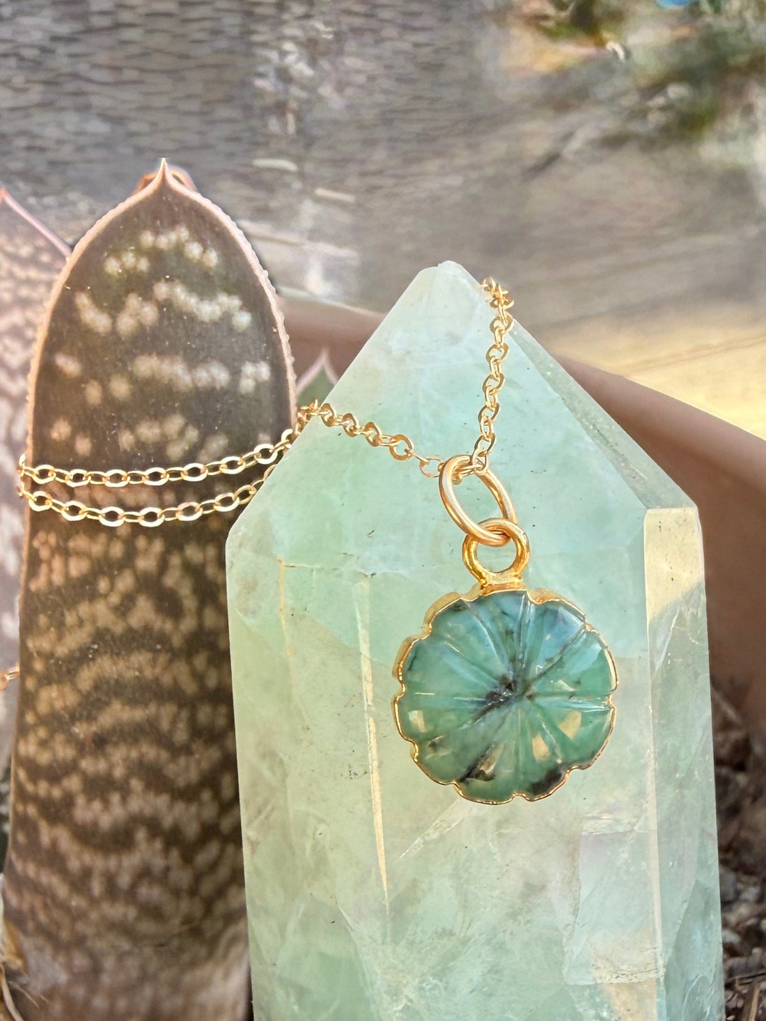 Bloom Carved Gemstone Flower Charm Necklace - Chocolate and Steel