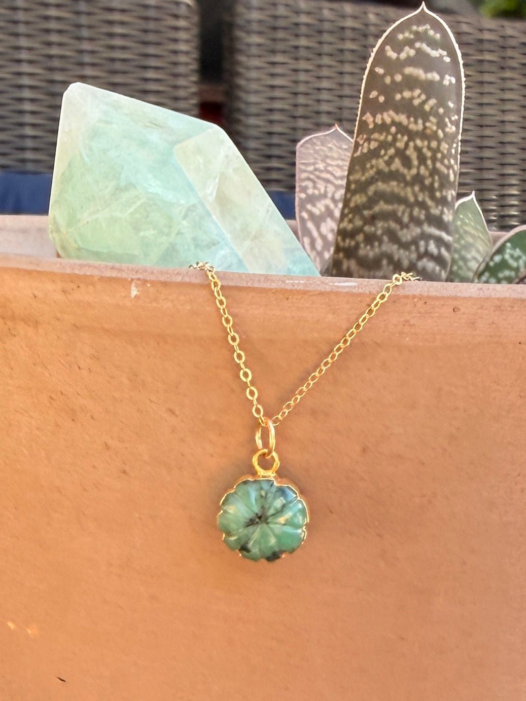 Bloom Carved Gemstone Flower Charm Necklace - Chocolate and Steel