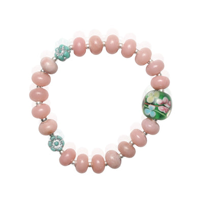 Blush Bloom Stretch Bracelet – Pink Opal, Floral Glass & Sterling Silver - Chocolate and Steel