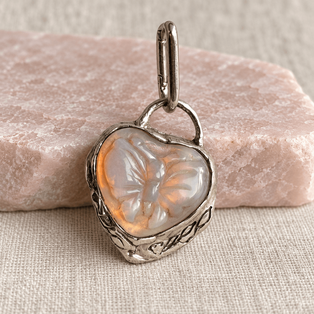 Butterfly Heart Opalized Fossil Pendant — Sterling Silver — One of a Kind - Chocolate and Steel