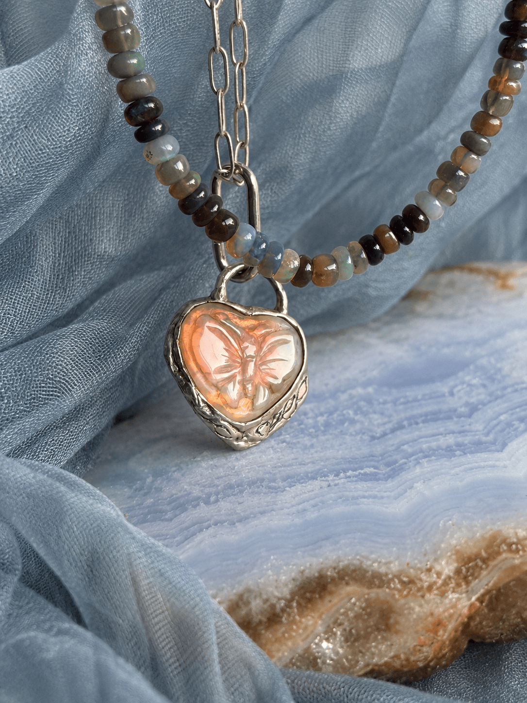 Butterfly Heart Opalized Fossil Pendant — Sterling Silver — One of a Kind - Chocolate and Steel