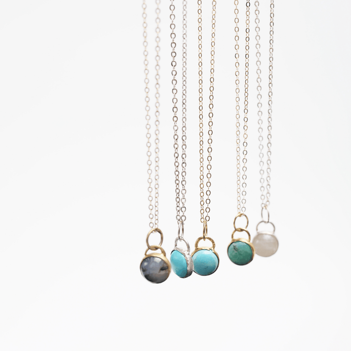 Button Gemstone Charm Necklace - Ocean Color Gemstones - Chocolate and Steel