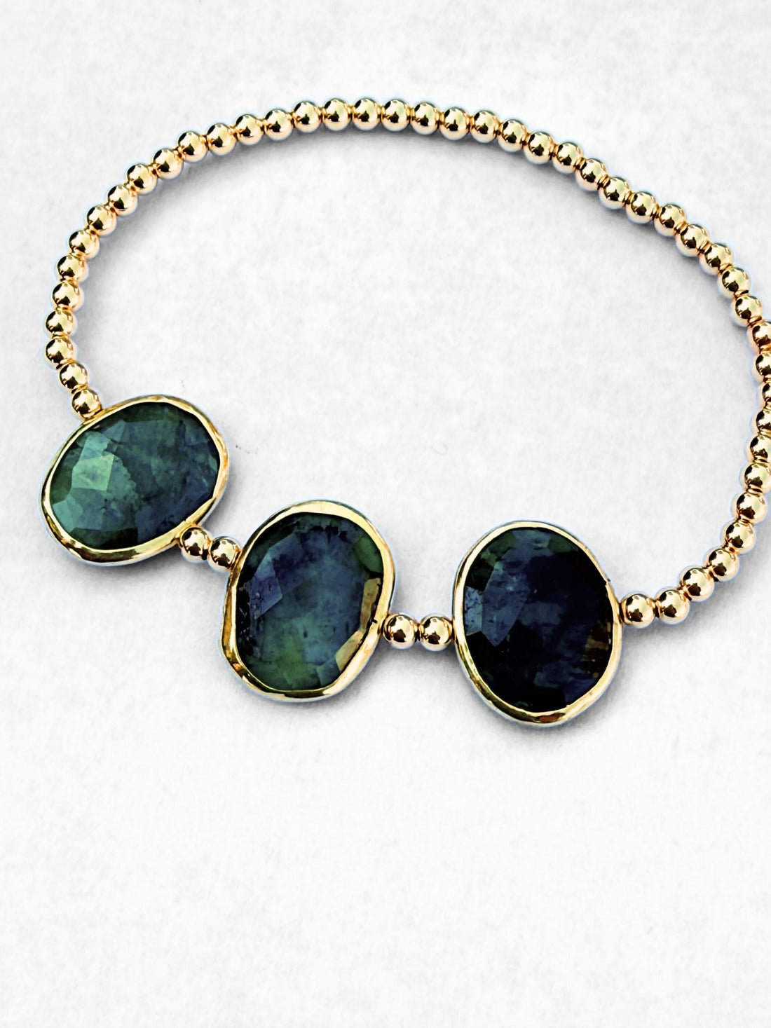 Cliffside Gold Bead Bracelet in Labradorite, Emerald, and Turquoise - Chocolate and Steel