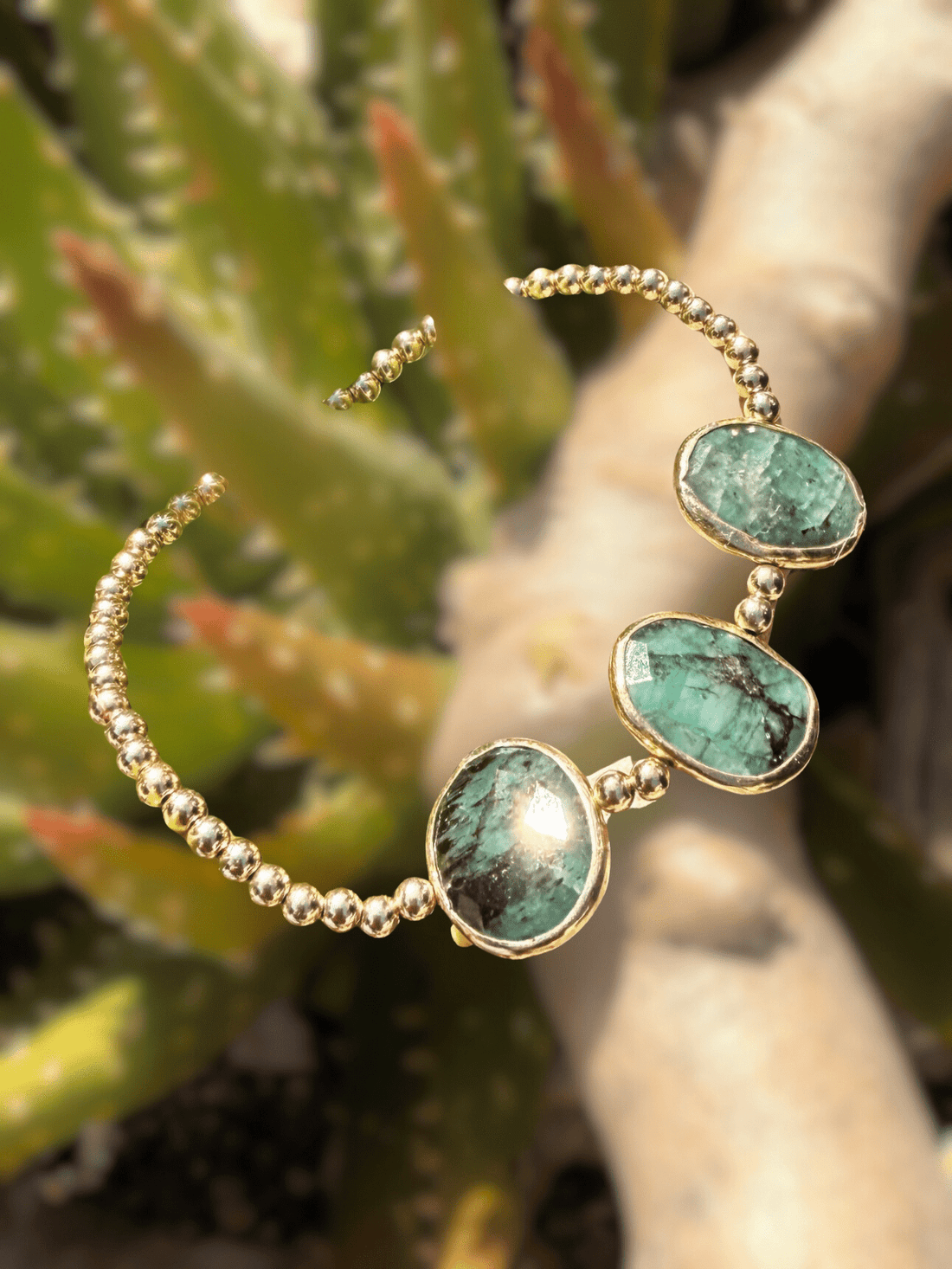 Cliffside Gold Bead Bracelet in Labradorite, Emerald, and Turquoise - Chocolate and Steel