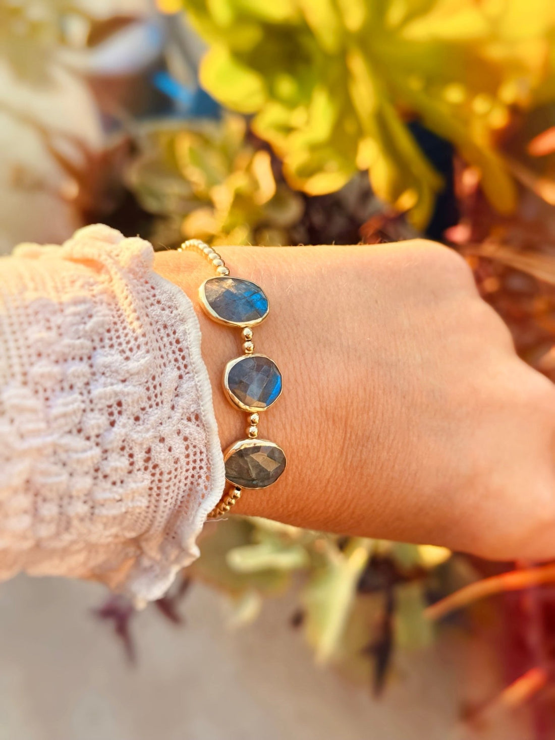 Cliffside Gold Bead Bracelet with Labradorite and Turquoise - Chocolate and Steel