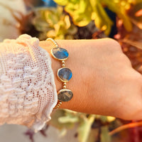 Cliffside Gold Bead Bracelet with Labradorite and Turquoise - Chocolate and Steel