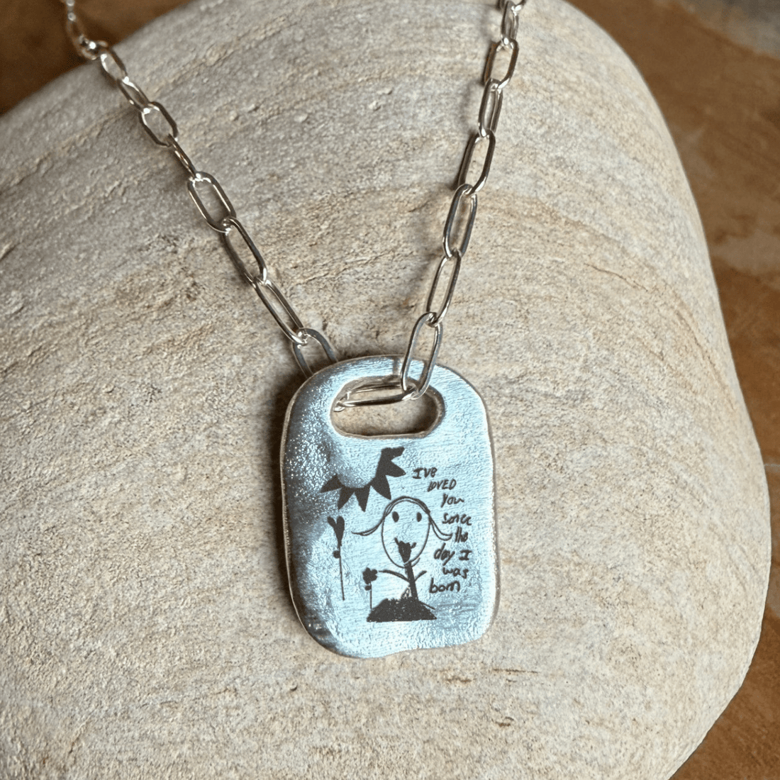 Custom Engraved Rune Necklace | Kid Art Jewelry - Chocolate and Steel