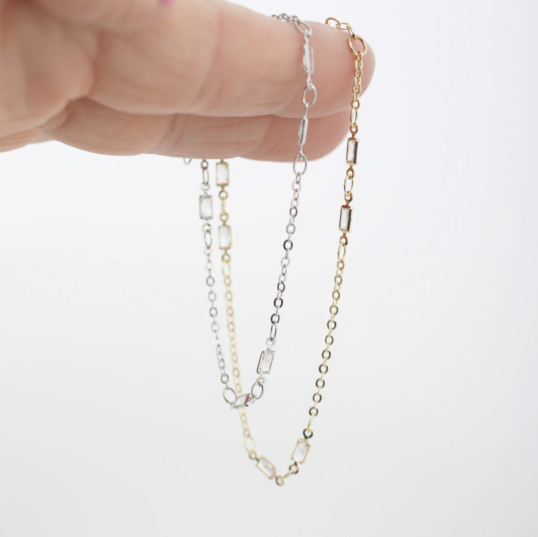 Delicate Baguette Crystal Chain Bracelet - Chocolate and Steel