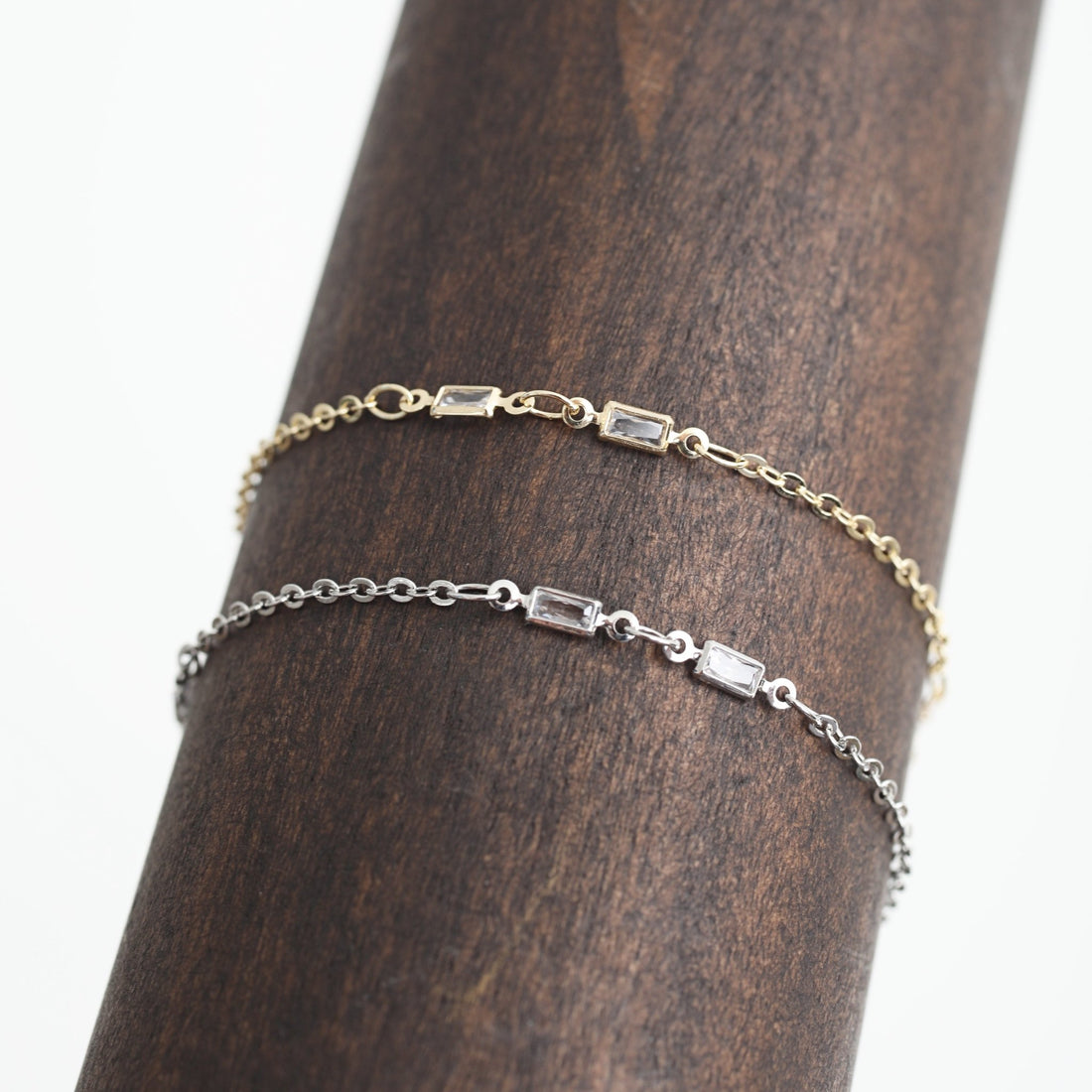 Delicate Baguette Crystal Chain Bracelet - Chocolate and Steel