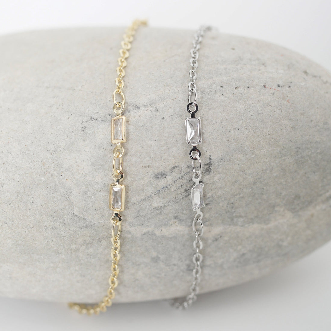 Delicate Baguette Crystal Chain Bracelet - Chocolate and Steel