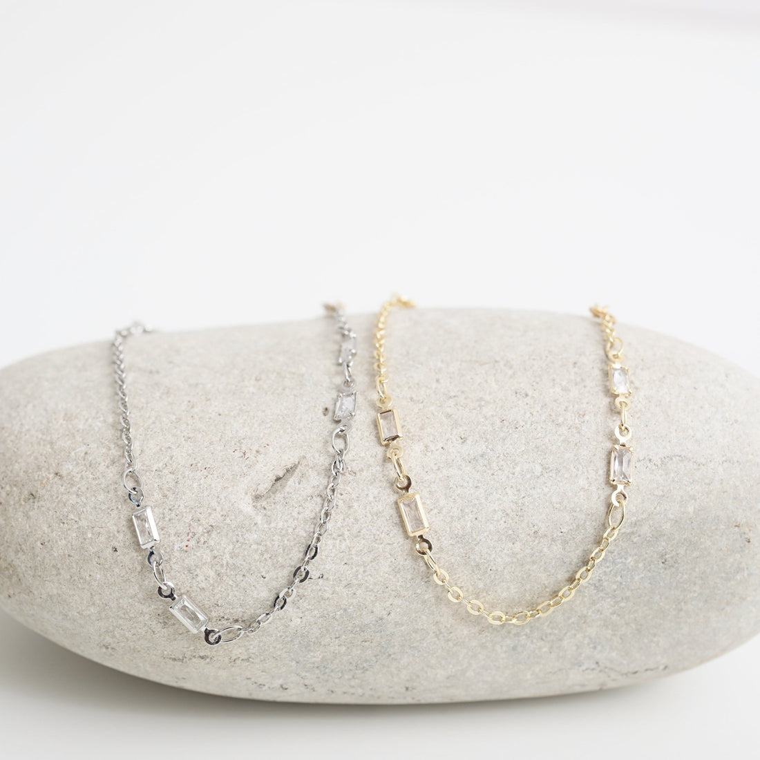 Delicate Baguette Crystal Chain Bracelet - Chocolate and Steel