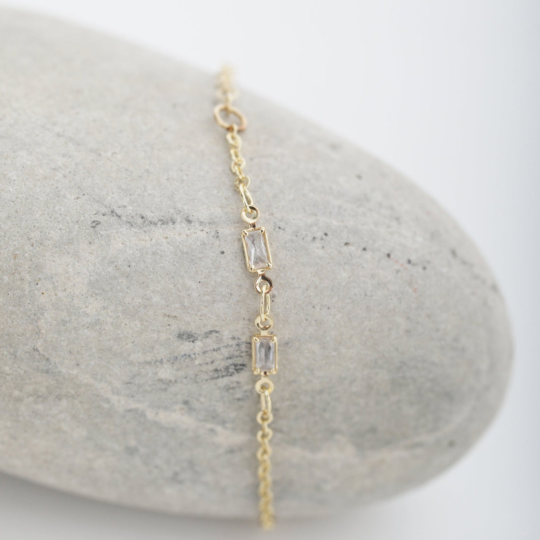 Delicate Baguette Crystal Chain Bracelet - Chocolate and Steel